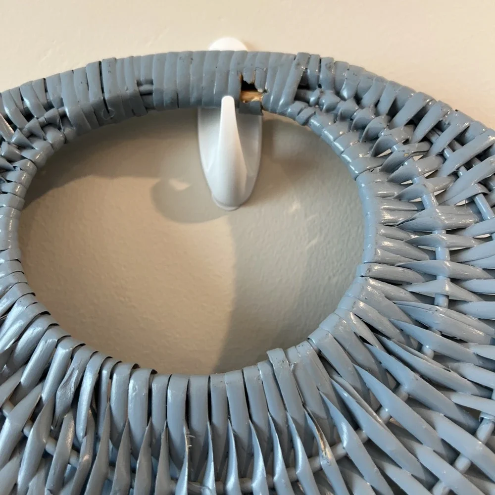 Woven Wicker Pocket Basket Blue Grayish Half Moon Design Vintage Painted